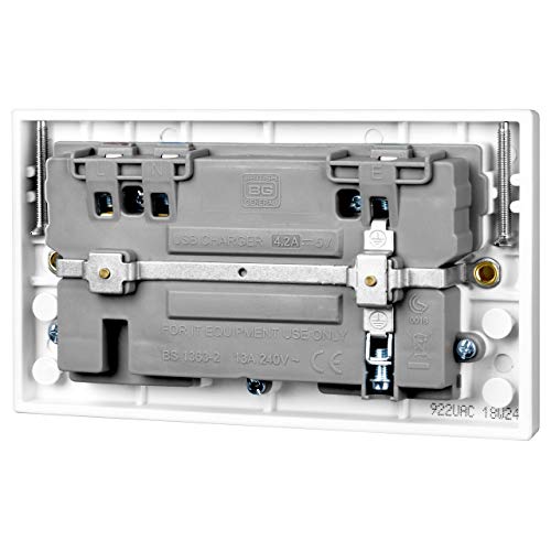 BG Electrical 822UAC Double Switched Fast Charging Power Socket with Type A and C USB Charging Ports, 13 A, White Moulded with Coloured Switch Tabs