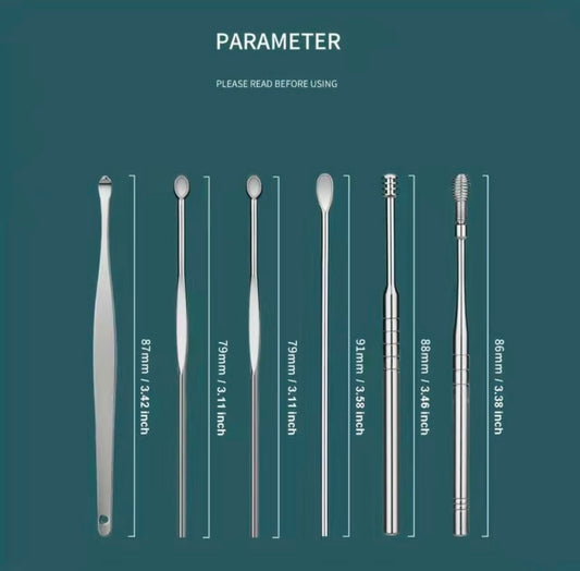6 Pcs Ear Pick Cleaner Earwax Removal Kit Ear Cleaning Tool Stainless Steel 6 in 1 Tool Spoon Curette with Black Leather Storage case
