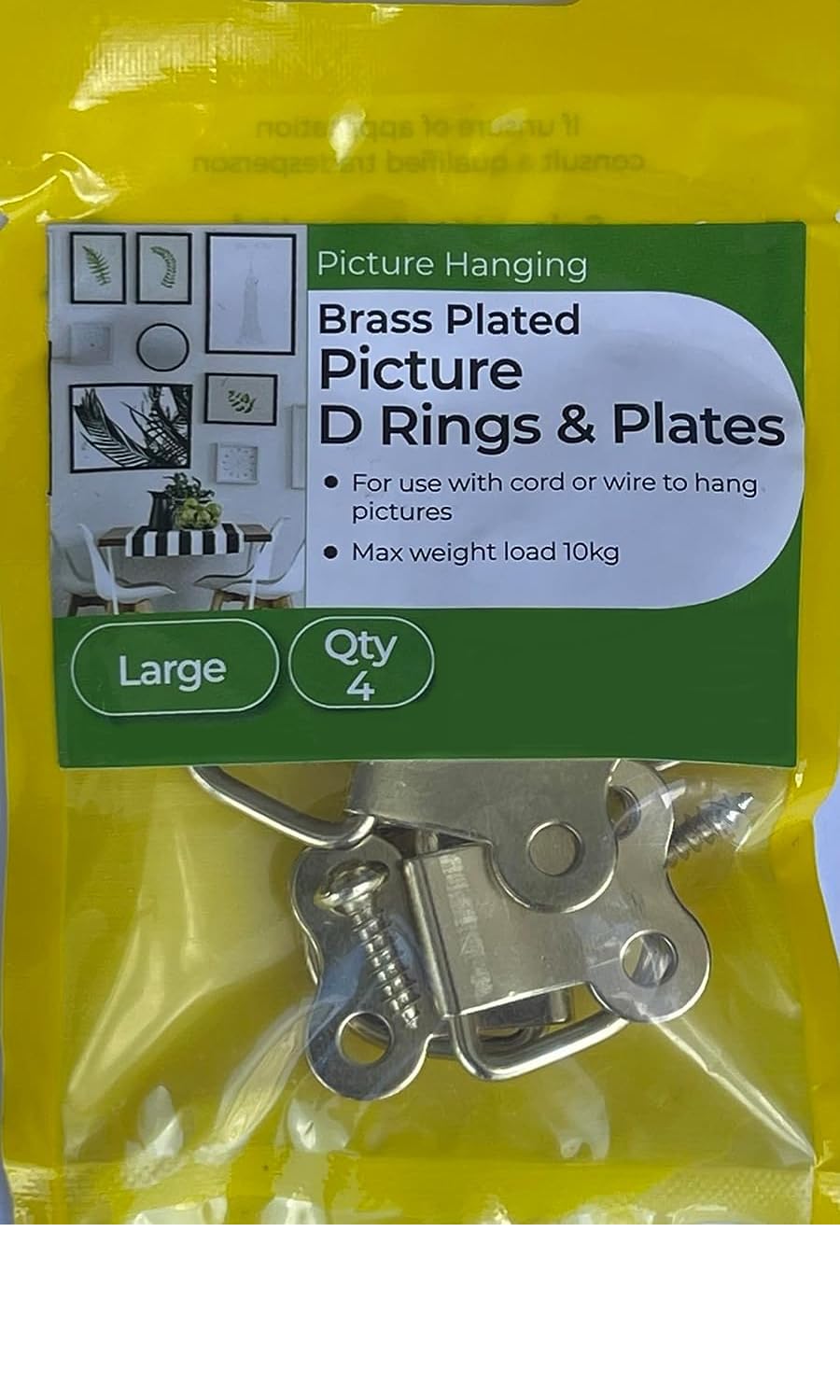 Aretro Large Brass Plated Picture D Rings & Plates Photo Frame Hanging Hooks Hangers Canvas Hook Wall Bracket Hanger with Screws (1 Pack of 4)