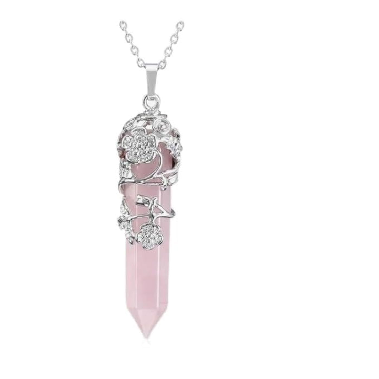 Aretro Rose Love Healing Crystal Point Pendant Necklace For Women,Stunning Silver Flower Wrapped