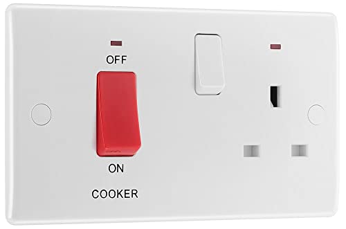 BG Electrical Cooker Control Switch Unit with LED Power Indicator, Single Plate, Double Pole, Round Edge, Nexus 800 Series, White Moulded, 45A, 874