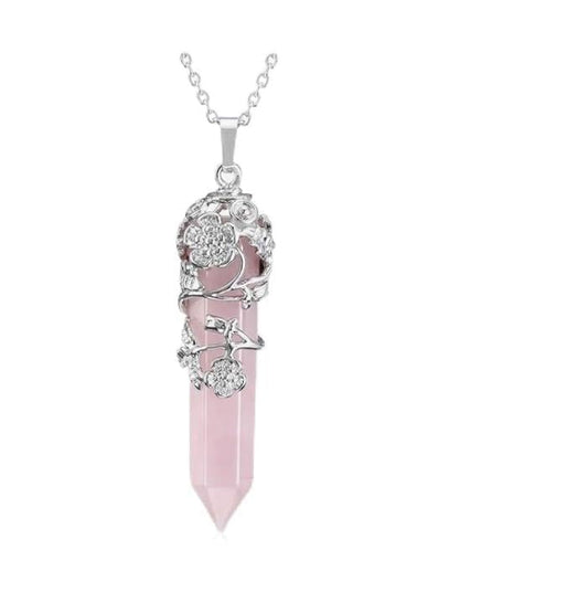 Aretro Rose Love Healing Crystal Point Pendant Necklace For Women,Stunning Silver Flower Wrapped