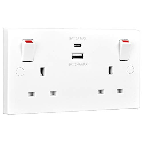 BG Electrical 822UAC Double Switched Fast Charging Power Socket with Type A and C USB Charging Ports, 13 A, White Moulded with Coloured Switch Tabs