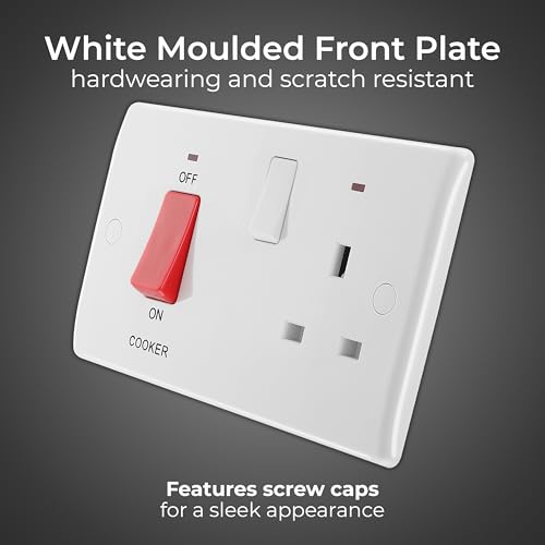 BG Electrical Cooker Control Switch Unit with LED Power Indicator, Single Plate, Double Pole, Round Edge, Nexus 800 Series, White Moulded, 45A, 874