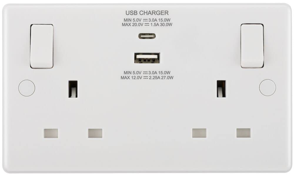 BG Electrical Double Switched Power Socket with Type A and C USB Charging Ports, 13 Amp, White Moulded