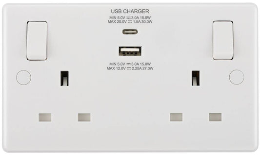 BG Electrical Double Switched Power Socket with Type A and C USB Charging Ports, 13 Amp, White Moulded