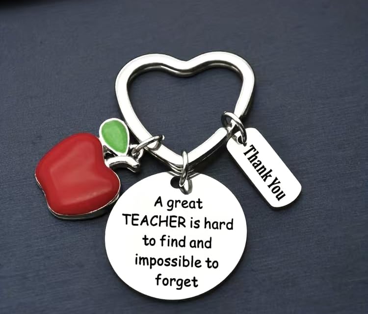 Aretro Inspirational Teacher Stainless Steel Keyring 'A great teacher is hard to find and impossible to forget'.