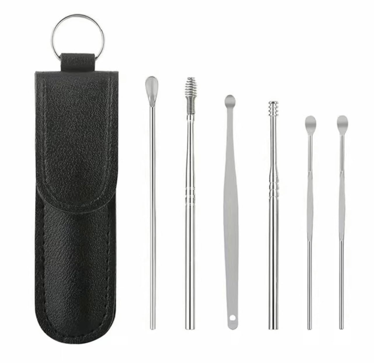 6 Pcs Ear Pick Cleaner Earwax Removal Kit Ear Cleaning Tool Stainless Steel 6 in 1 Tool Spoon Curette with Black Leather Storage case