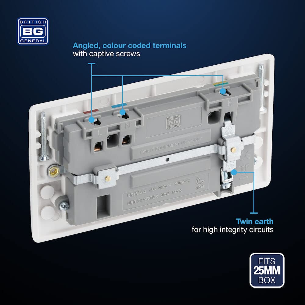 BG Electrical Double Switched Power Socket with Type A and C USB Charging Ports, 13 Amp, White Moulded