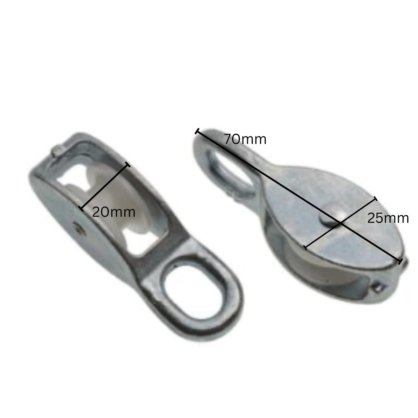 Aretro 25mm Rope Pulley, 90kg Load Capacity, for Ropes up to 8mm Thickness, 70mm x 25mm x 20mm, Zinc Plated Metal Body, Nylon Wheel, 1 Pack of 2