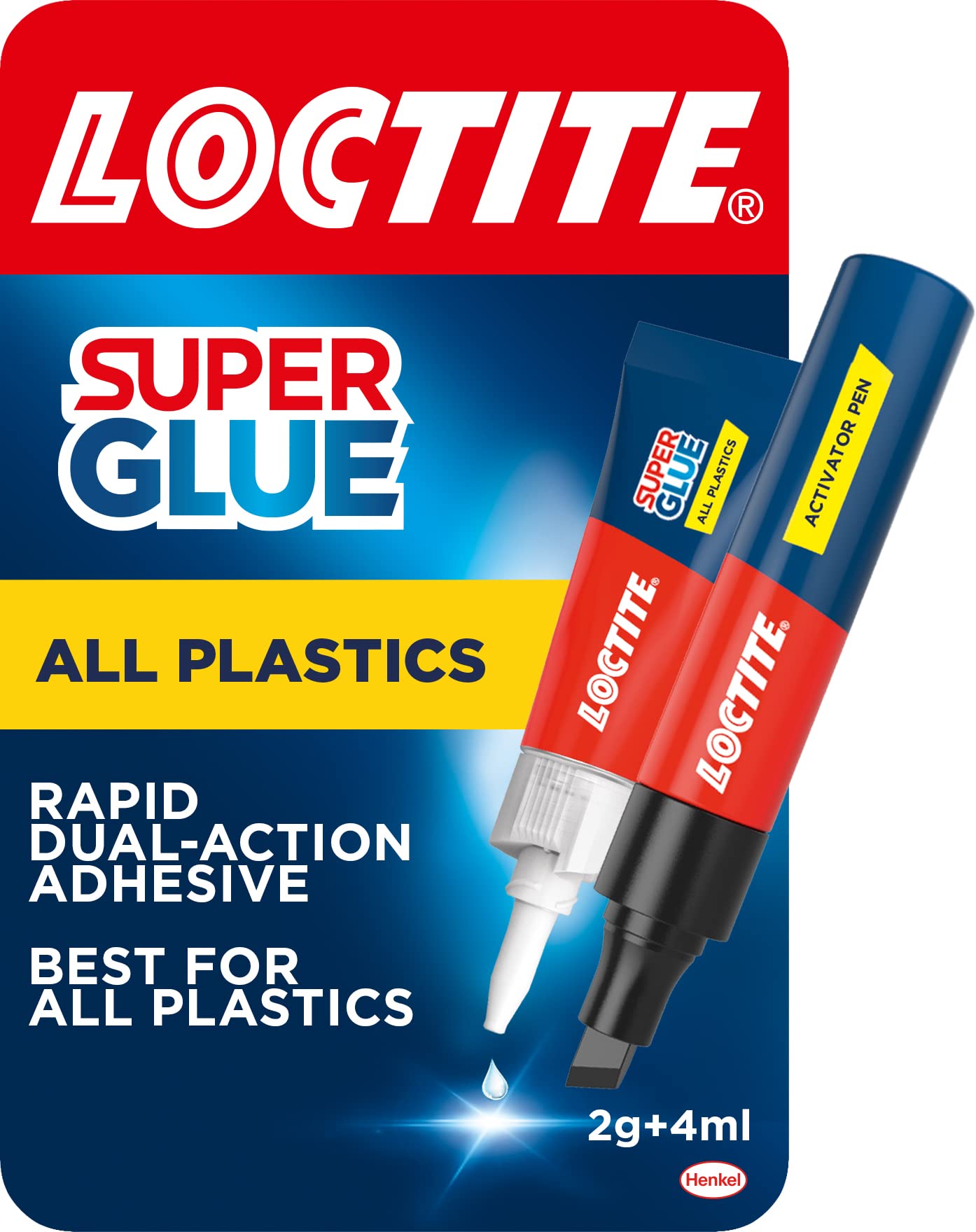 Loctite Super Glue All Plastics, Rapid Dual Action Adhesive for All Plastics, With Activator Pen and Super Glue, Easy to Use Instant Super Glue, 1 x 2g + 4ml