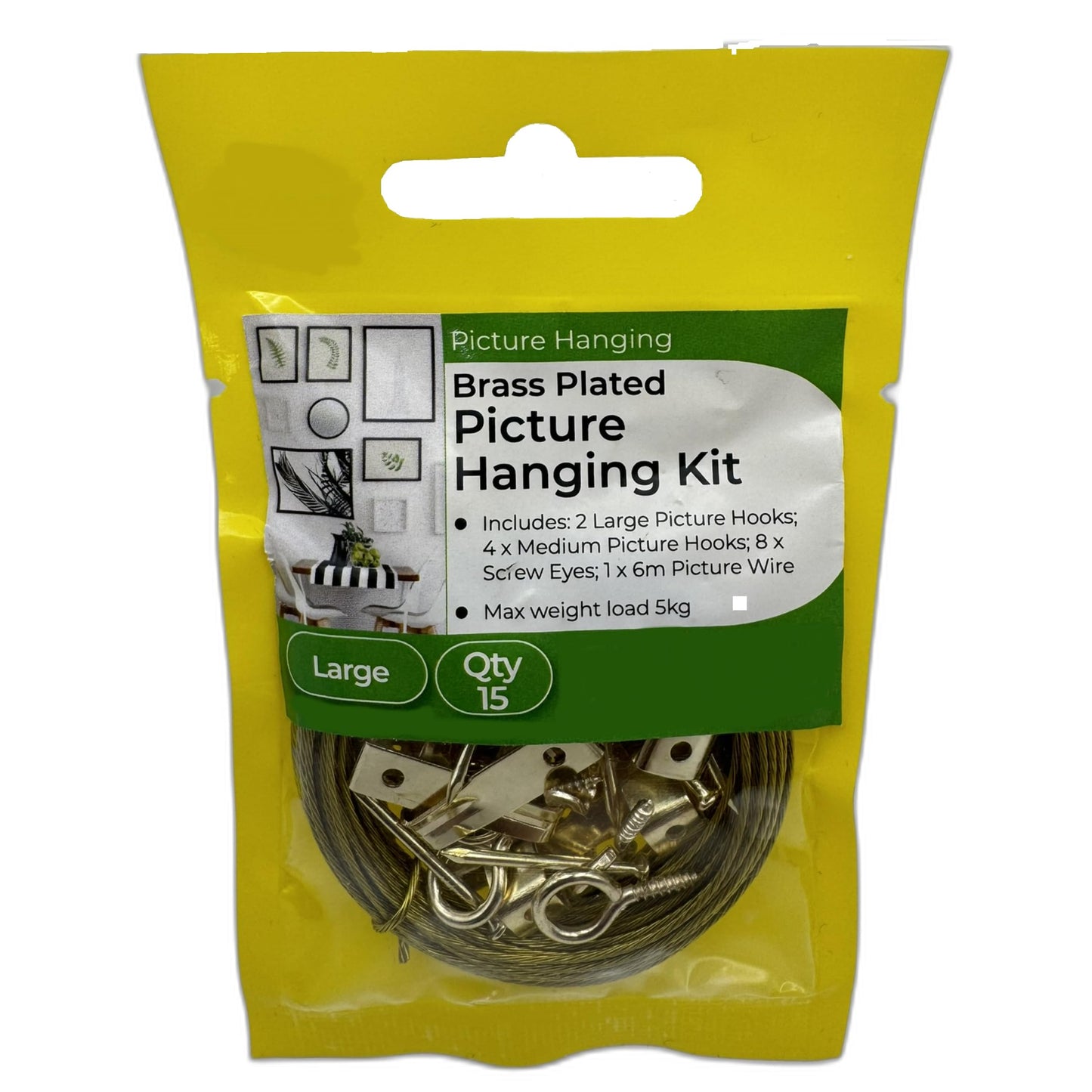 Aretro 19 Piece Medium Brass Plated Picture Hanging Kit Includes 6m Wire, Hooks Hangers, Screw Eyes, Pins for Frames, Mirrors, Canvas Max Load 4kg (6m Medium Kit)