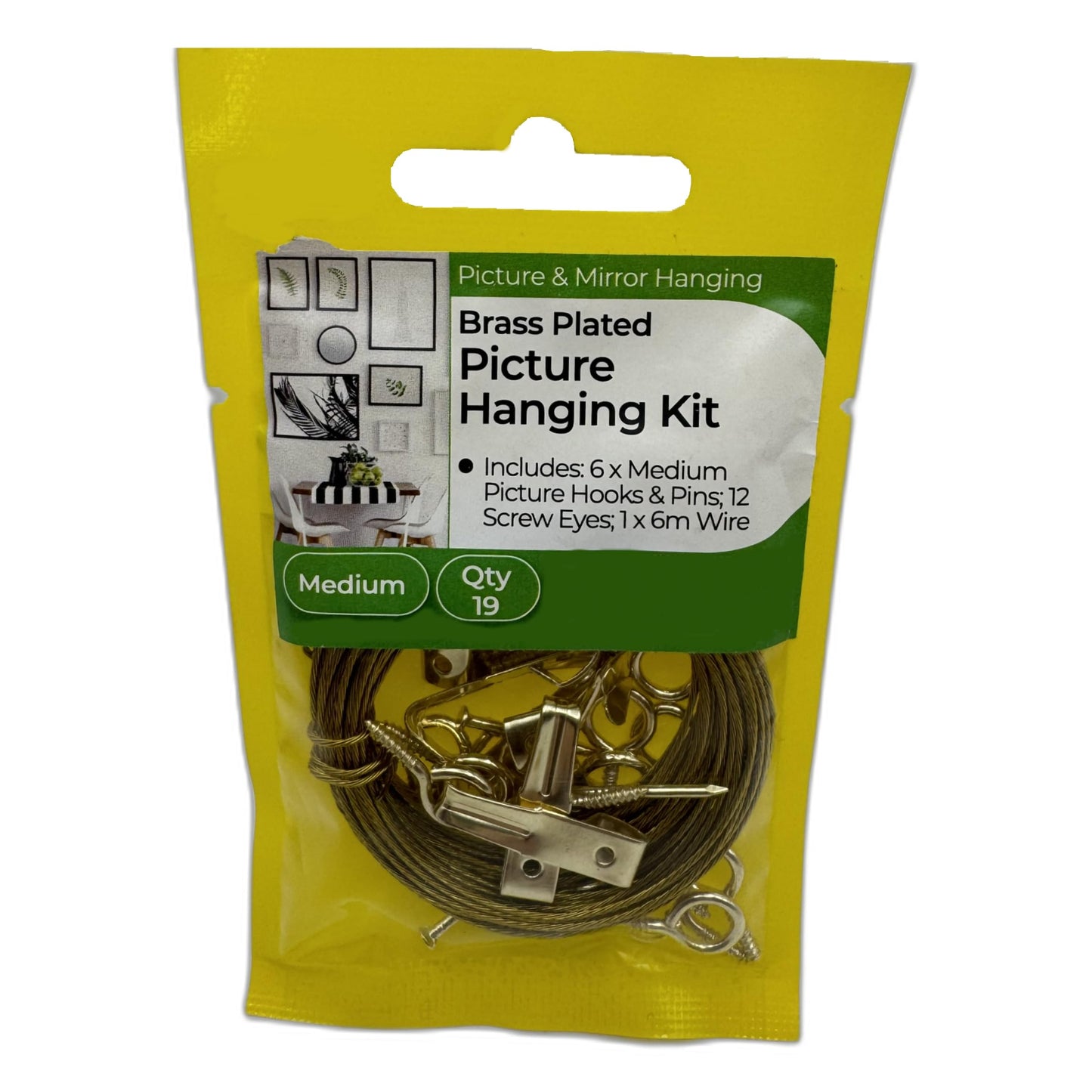 Aretro 19 Piece Medium Brass Plated Picture Hanging Kit Includes 6m Wire, Hooks Hangers, Screw Eyes, Pins for Frames, Mirrors, Canvas Max Load 4kg (6m Medium Kit)