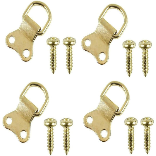 Picture Frame D Rings & Plates Set, Brass Plated, Large & Medium Size with Screws, 4 Pack (Medium)