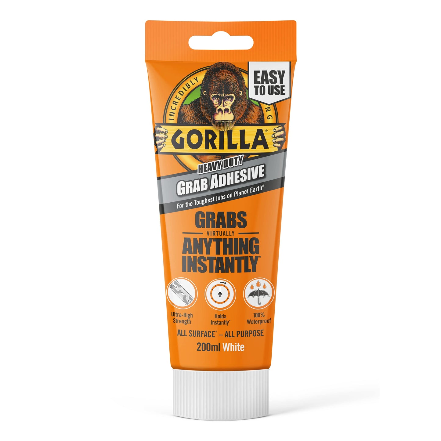 Gorilla Heavy Duty White Grab Adhesive 200ml Tube – All-Purpose, Ultra-High Strength, Holds Instantly, 100% Waterproof & temperature resistant