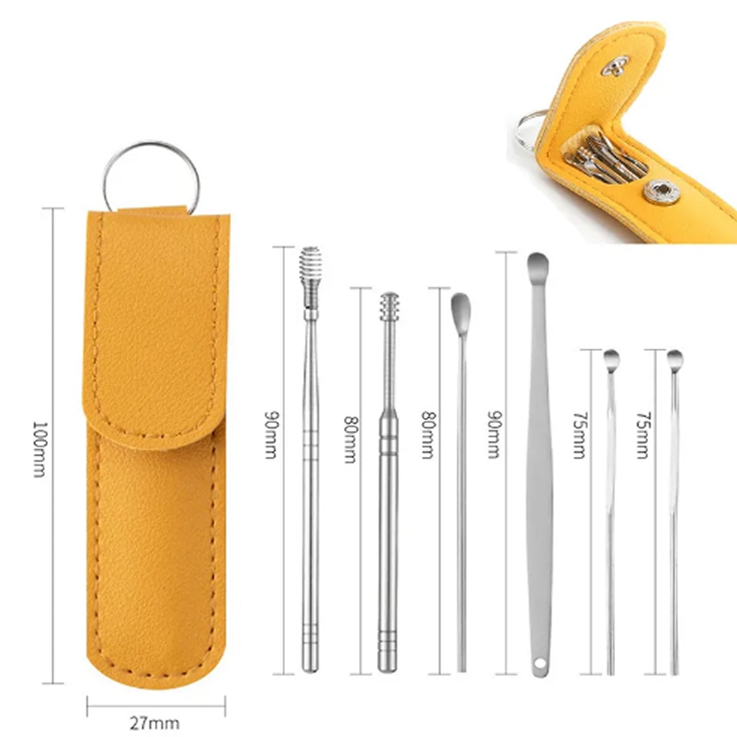 Aretro 6 Pcs Ear Pick Cleaner Earwax Removal Kit Ear Cleaning Tool Stainless Steel 6 in 1 Tool Spoon Curette with Leather Storage case