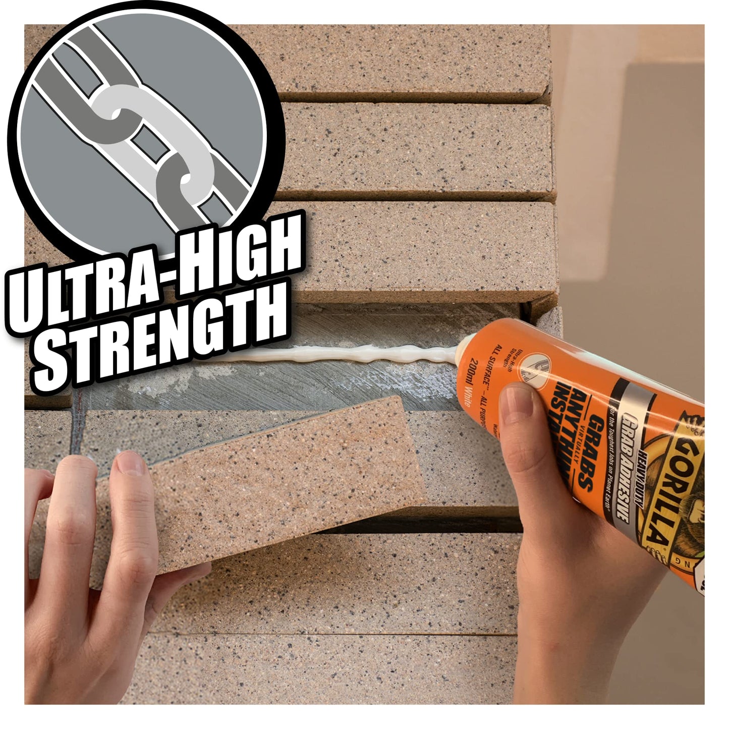 Gorilla Heavy Duty White Grab Adhesive 200ml Tube – All-Purpose, Ultra-High Strength, Holds Instantly, 100% Waterproof & temperature resistant