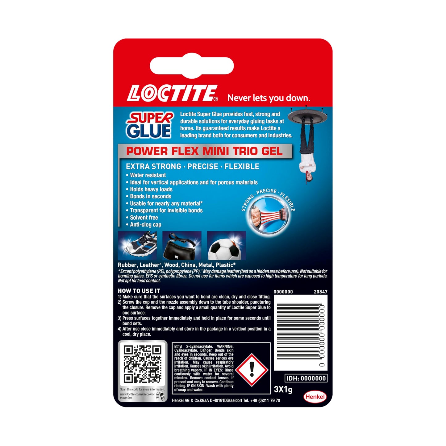 Loctite Mini Trio Power Gel, Strong Super Glue Gel for Repairs, All Purpose Adhesive for Flexible Materials, Easy to Use Clear Glue, 3 x 1g