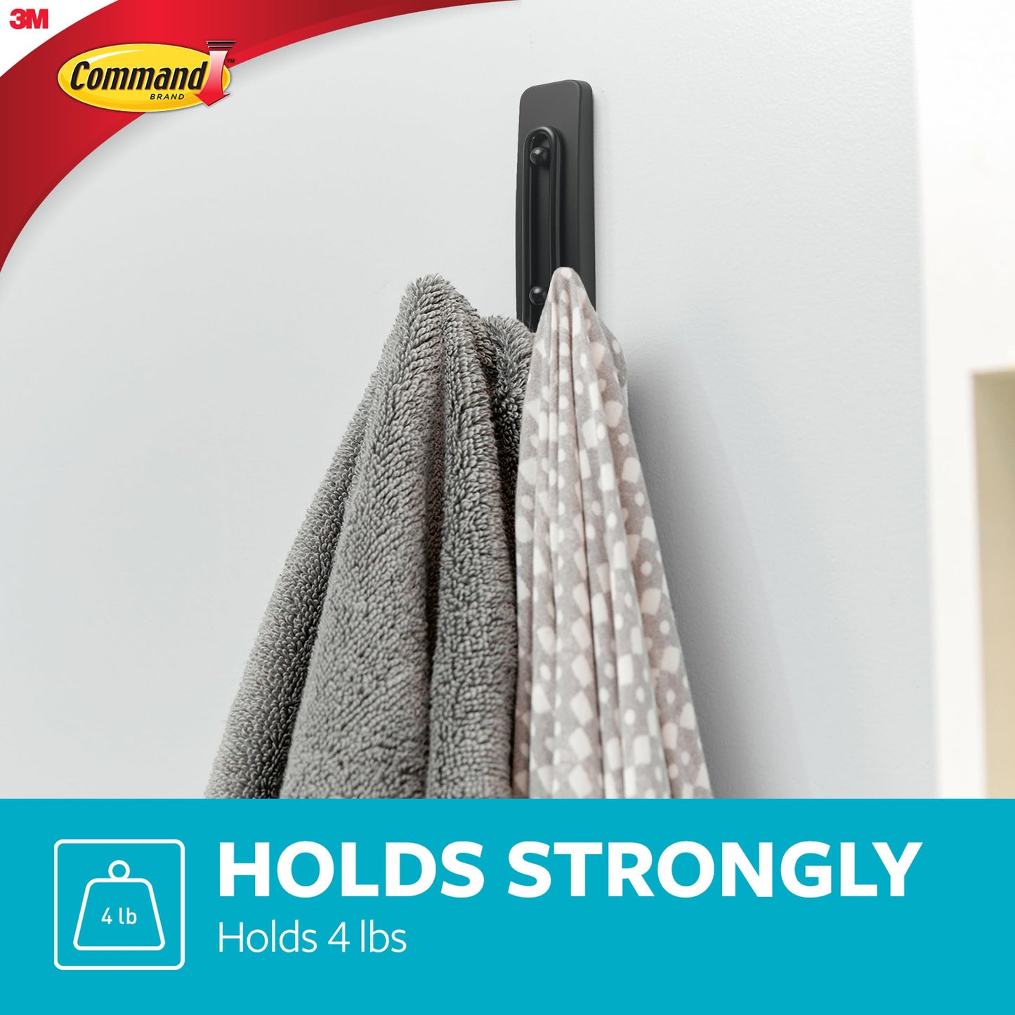 Command Large Double Bathroom Wall Hook, Matte Black - 1 Hook and 1 Water-Resistant Strip - Damage Free Hanging for Bath Towels