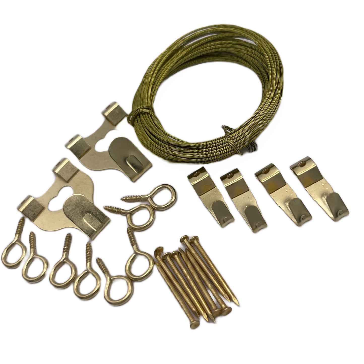 Aretro 19 Piece Medium Brass Plated Picture Hanging Kit Includes 6m Wire, Hooks Hangers, Screw Eyes, Pins for Frames, Mirrors, Canvas Max Load 4kg (6m Medium Kit)