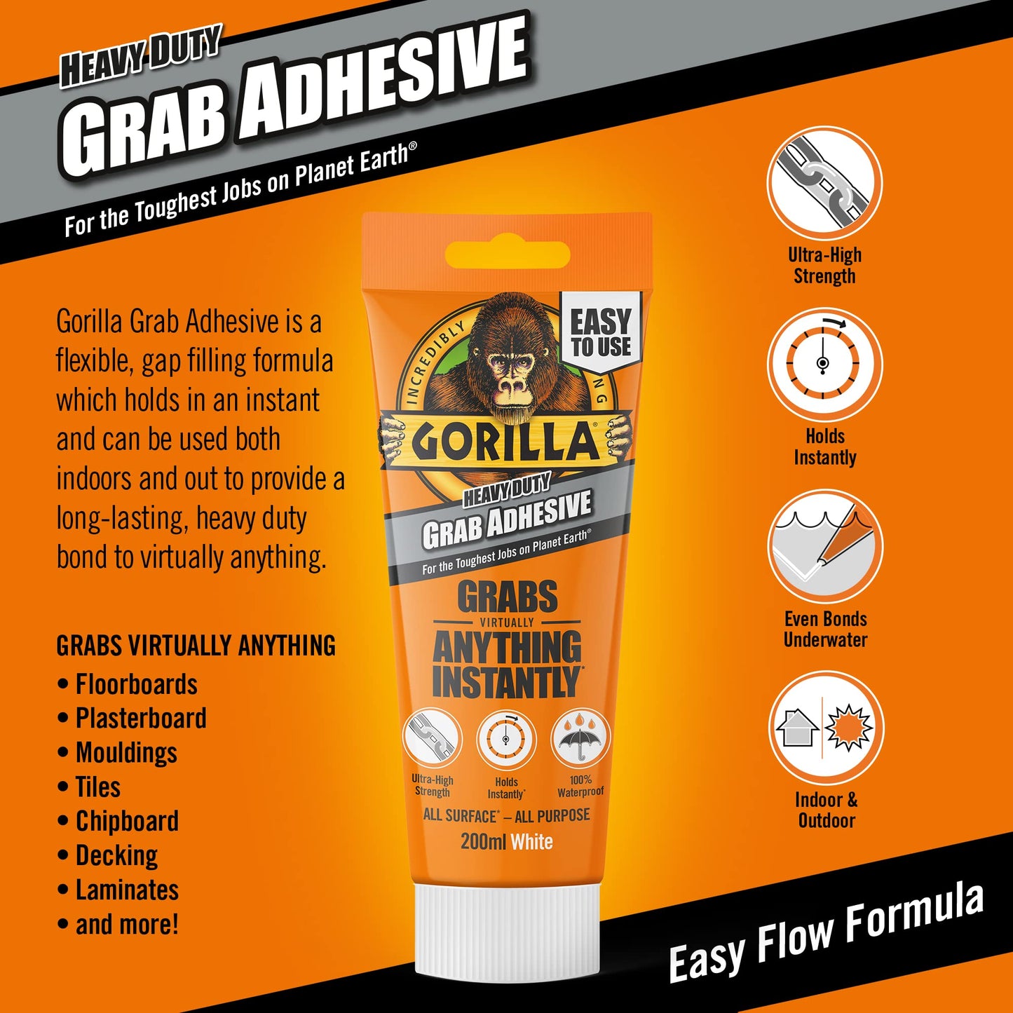 Gorilla Heavy Duty White Grab Adhesive 200ml Tube – All-Purpose, Ultra-High Strength, Holds Instantly, 100% Waterproof & temperature resistant