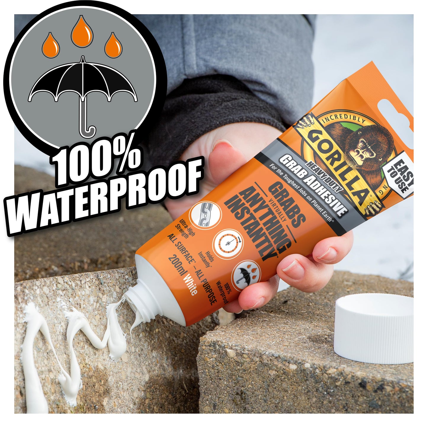 Gorilla Heavy Duty White Grab Adhesive 200ml Tube – All-Purpose, Ultra-High Strength, Holds Instantly, 100% Waterproof & temperature resistant