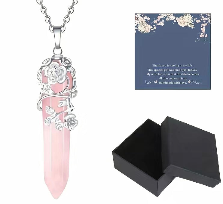 Healing Crystal Necklace Flower Wrap Rose Quartz pendant