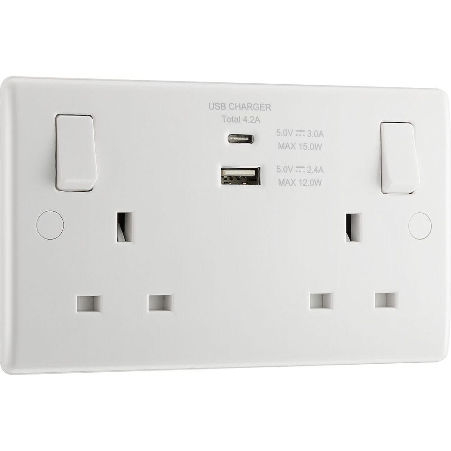 BG Electrical Double Switched Power Socket with Type A and C USB Charging Ports, 13 Amp, White Moulded