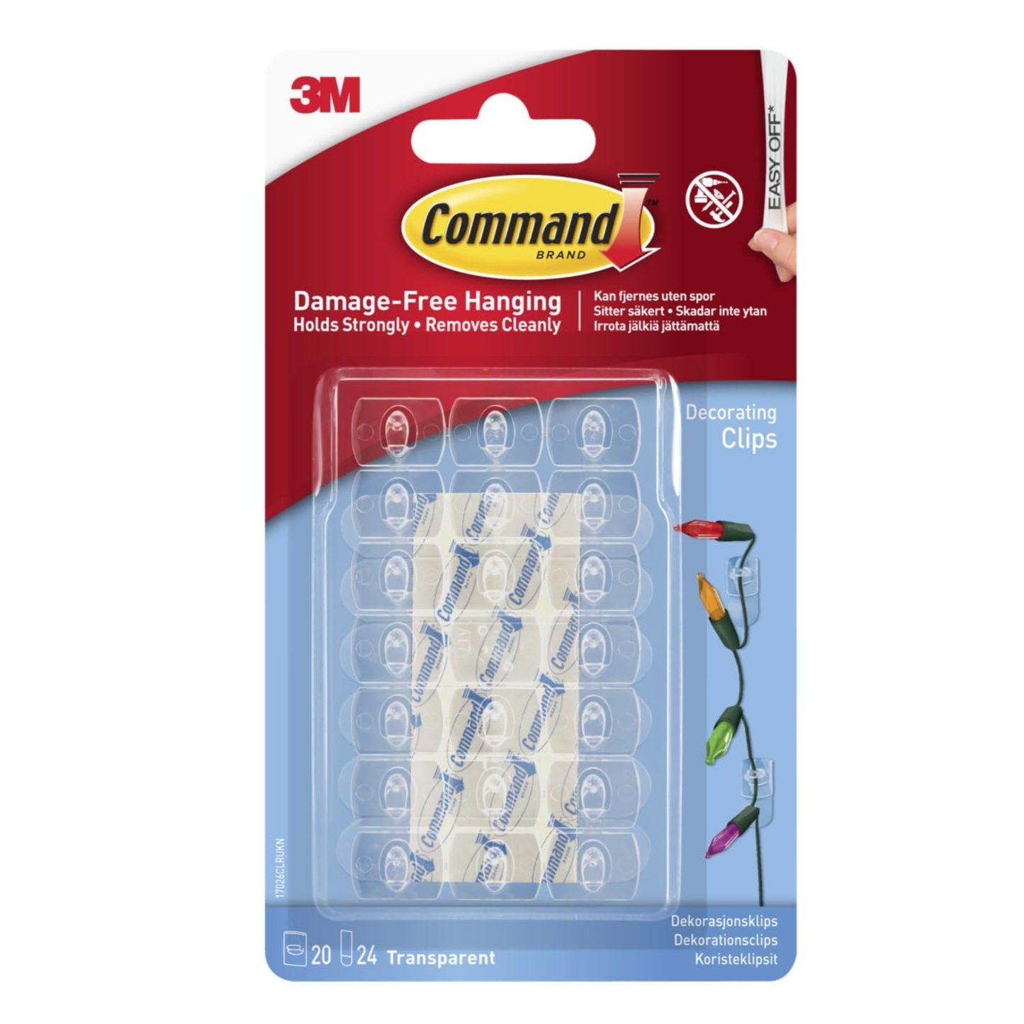 Command Decorating Clips, Pack of 20 Mini Hooks and 24 Small Strips, Transparent - Hanging Clips for Decorations and Fairy Lights, Wall Adhesive - Damage Free