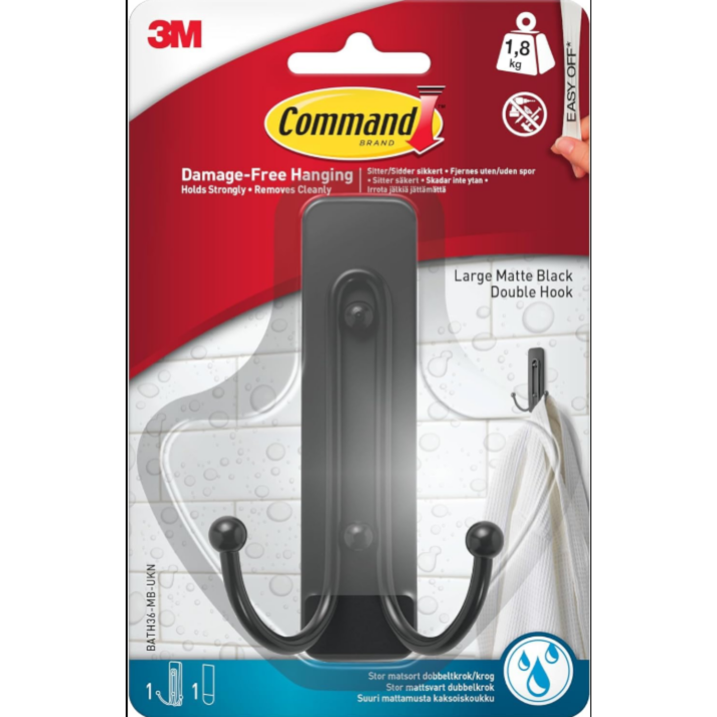 Command Large Double Bathroom Wall Hook, Matte Black - 1 Hook and 1 Water-Resistant Strip - Damage Free Hanging for Bath Towels