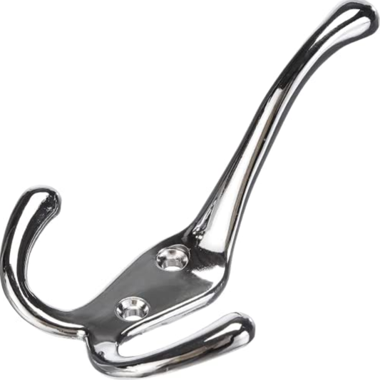 Aretro Polished Chrome Three Prong Triple Back of Door Wall Hat Coat Robe Hanger Hook with Screws, Bathroom Coat Hanger, Curved Chrome-Plated Metal